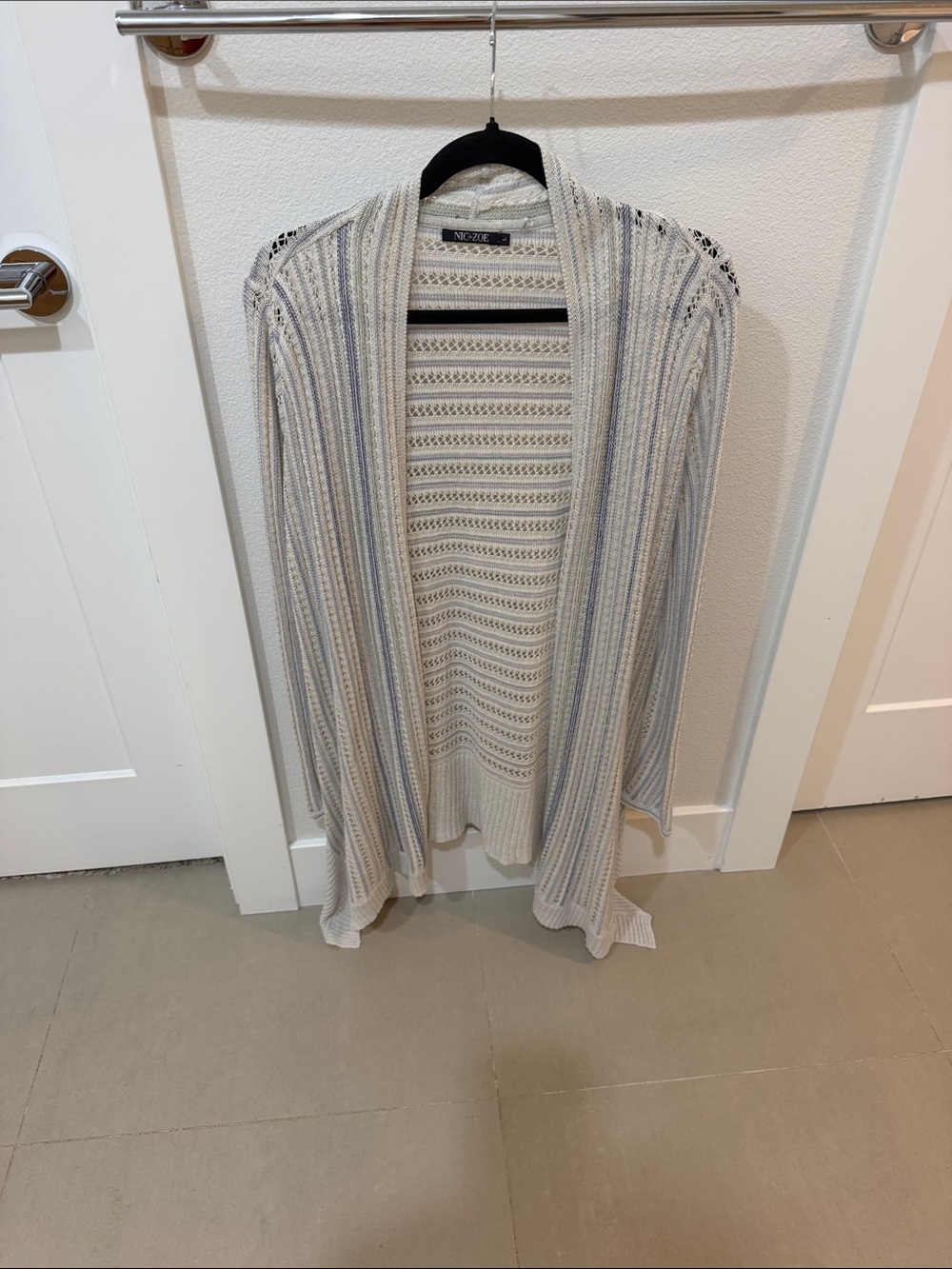 NIC+ZOE Open-Front Cream and Light Blue Striped Cardigan